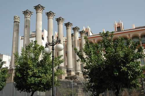 Columns rising over the foundations of Cordoba's Roman Temple