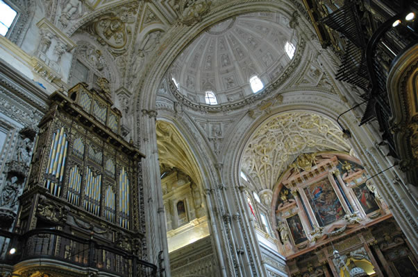 Nave ceilings and coffered dome over transept (1600) in Cordoba Spain Cathedral