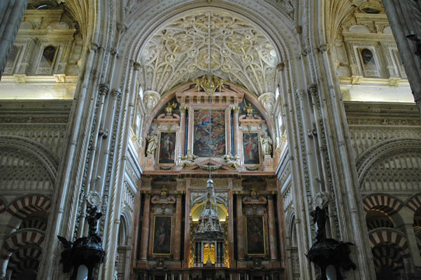 High altar, ceilings, transepts, islamic arches, lectern, pulpit in Mosque-Cathedral of Cordoba Spain