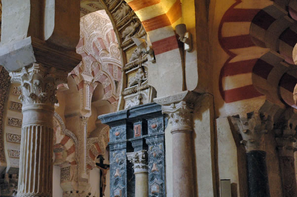 Rich mix of architectural styles in the Cordoba Mosque-Cathedral (Mezquita), including caliphate, gothic and renaissance.