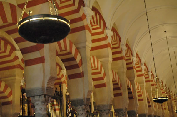 Long line of columns and arches in Almanzor's expansion of the Cordoba Mosque