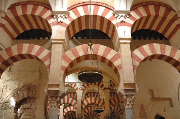 Excellent photo of columns and double arches of Cordoba's Great Mosque